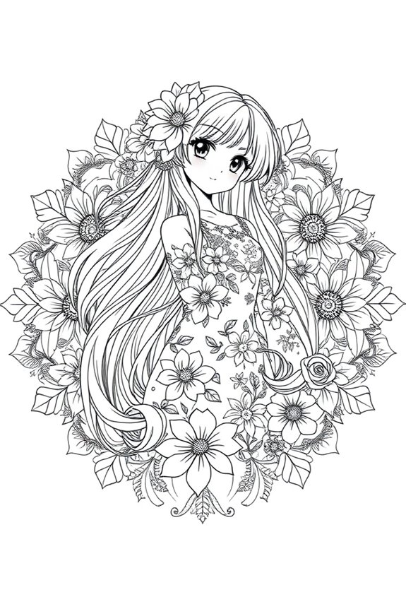 Anime Girl in Floral Mandala Coloring Sheet