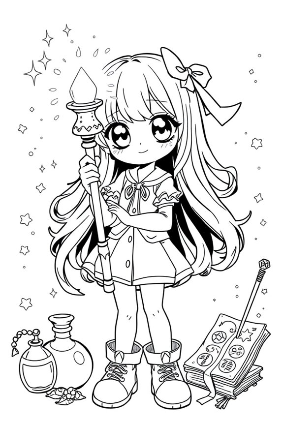 Anime Girl with Magical Items Coloring Sheet