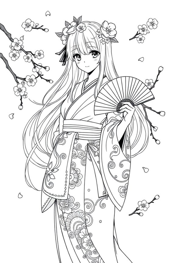 Anime Girl in Traditional Dress Coloring Sheet