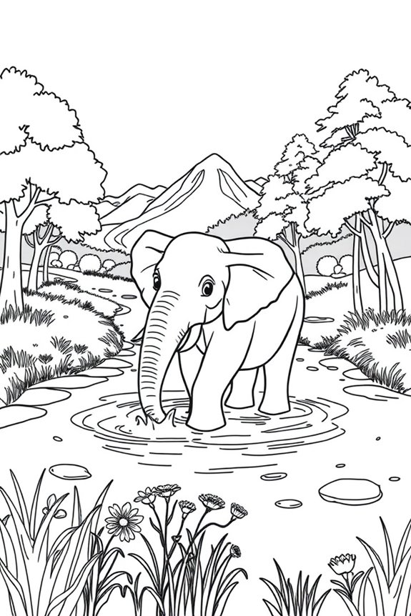 Nature Scene with Elephant Coloring Sheet