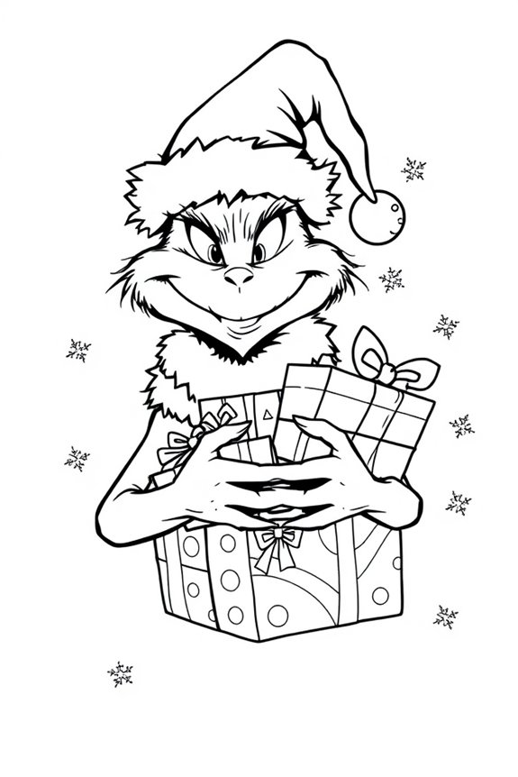 Grinch Holding Gifts Coloring Sheet