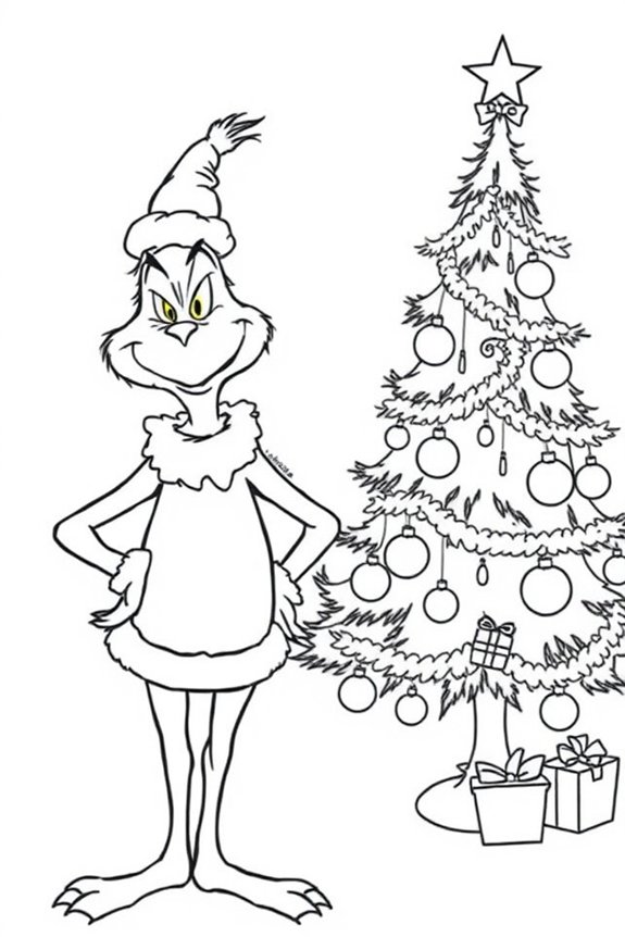 Grinch with Christmas Tree Coloring Sheet