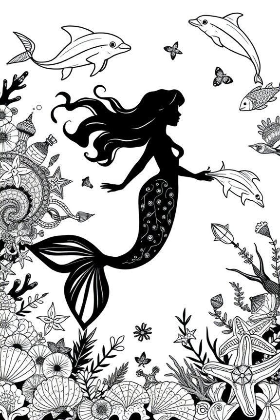 Mermaid Silhouette with Sea Creatures Coloring Sheet