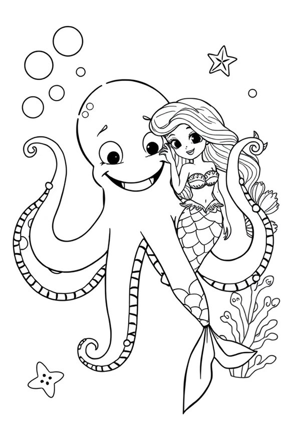Friendly Octopus with Mermaid Coloring Sheet