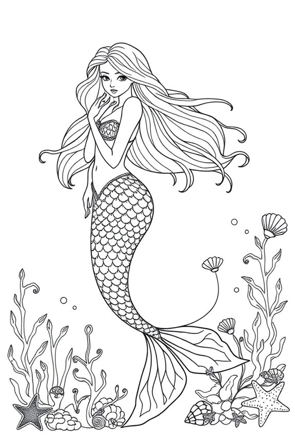 Elegant Mermaid with Flowing Hair Coloring Sheet