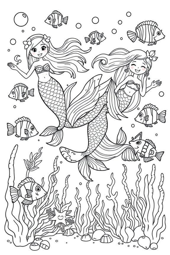 Mermaid Friends with Fish Coloring Sheet