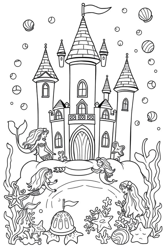 Whimsical Mermaid Castle Coloring Sheet
