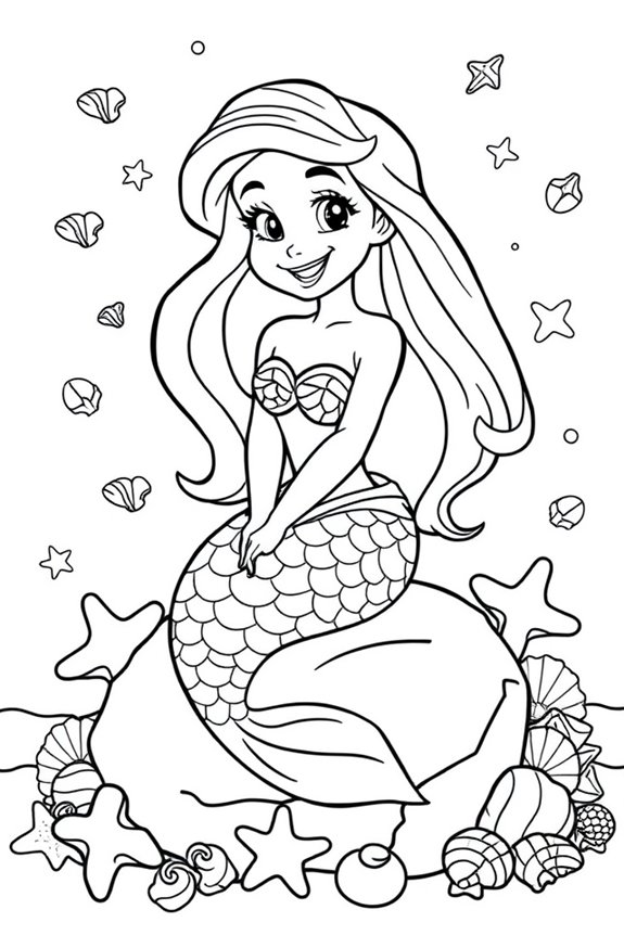 Cute Ariel with Seashells Coloring Sheet