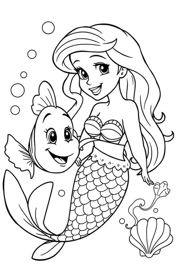 Easy Ariel and Flounder Coloring Sheet