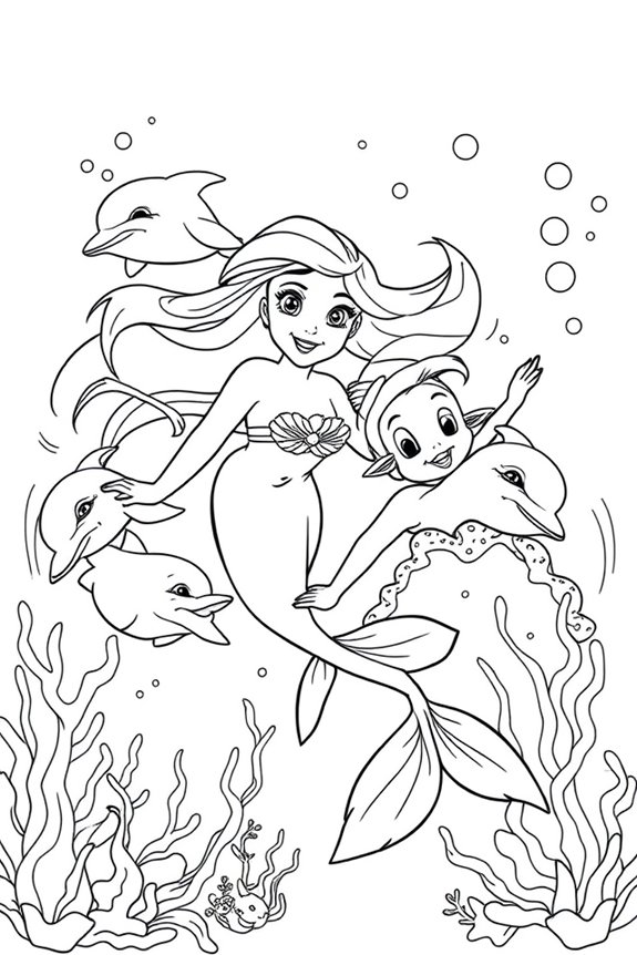 Ariel Playing with Dolphins Coloring Sheet