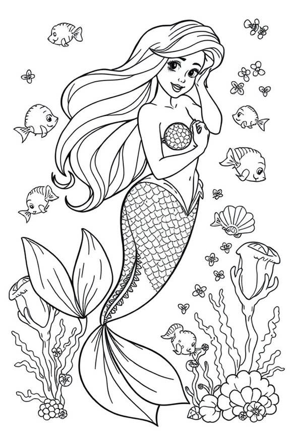 Vintage Ariel Line Art Coloring Sheet