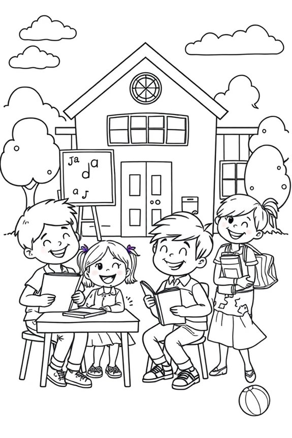 Happy Children at School Coloring Sheet