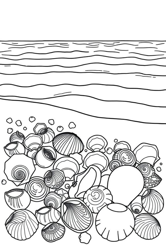 Seashells and ocean waves coloring sheet