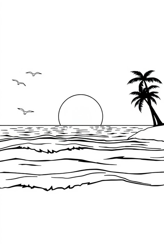 Sunset over the ocean coloring sheet