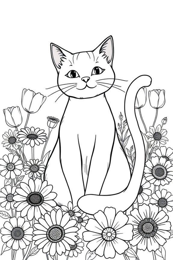 Cat in a Flower Garden Coloring Sheet