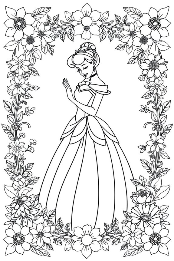 Cinderella in a Floral Frame Coloring Sheet