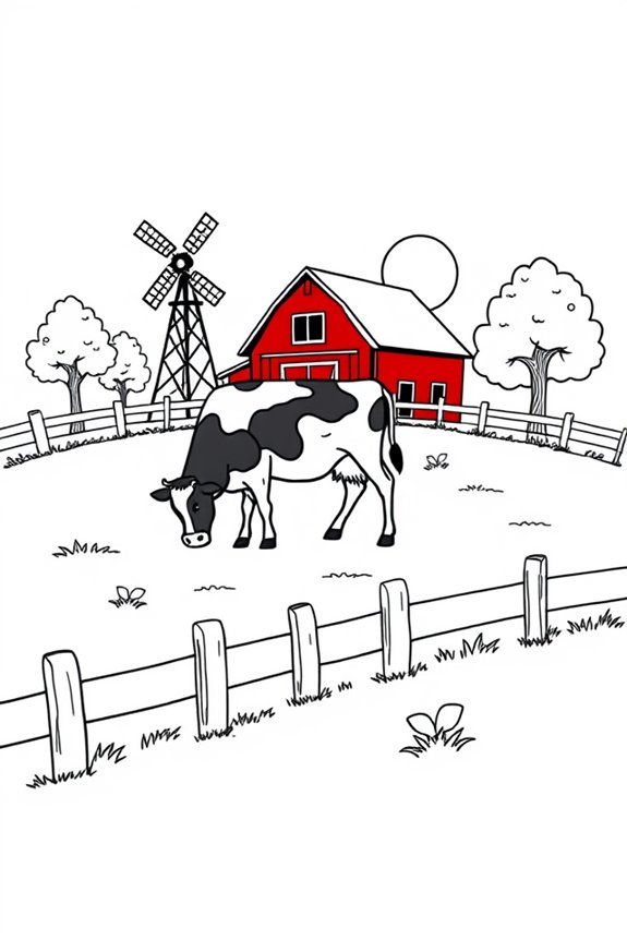 Farm Scene with Cow Coloring Sheet