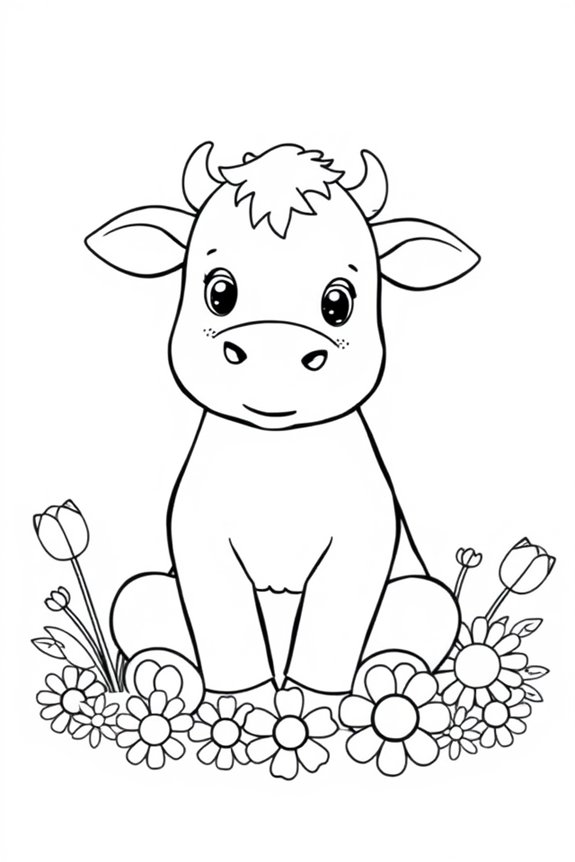 Sitting Cow with Flowers Coloring Sheet