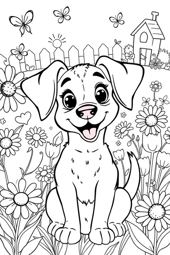 Whimsical Dog in a Garden Coloring Sheet