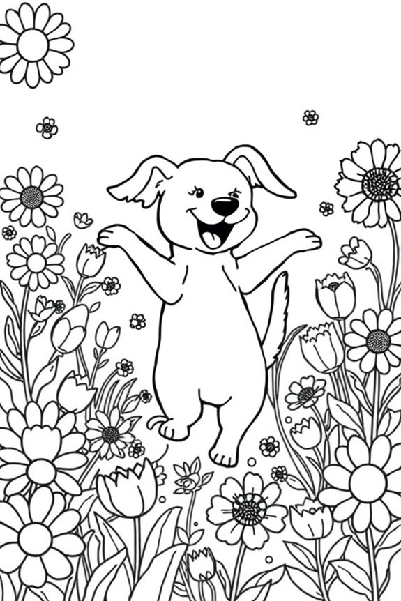 Dancing Dog with Flowers Coloring Sheet