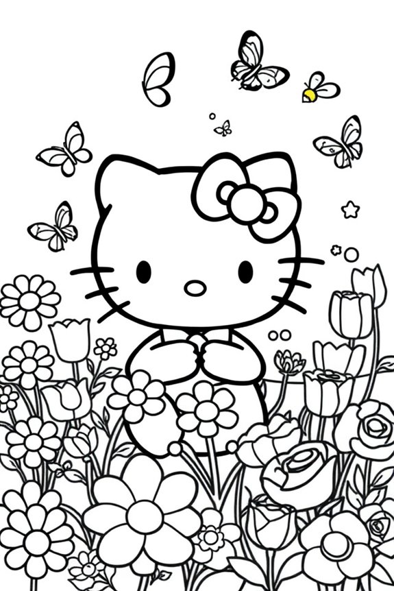Hello Kitty in a Flower Garden Coloring Sheet
