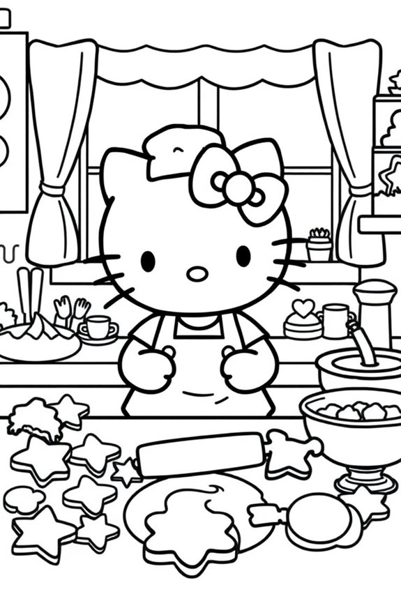 Hello Kitty Baking Cookies Coloring Sheet