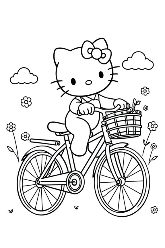 Hello Kitty Riding a Bicycle Coloring Sheet