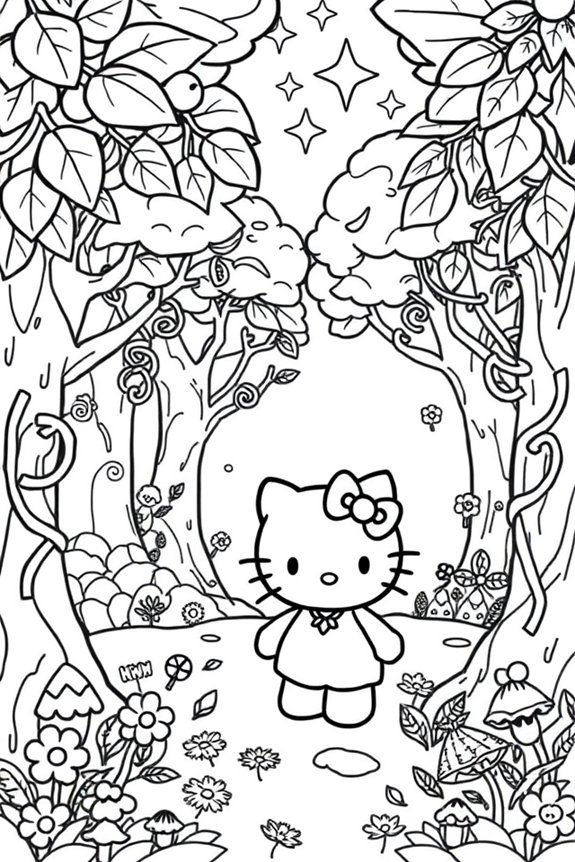 Hello Kitty in a Magical Forest Coloring Sheet