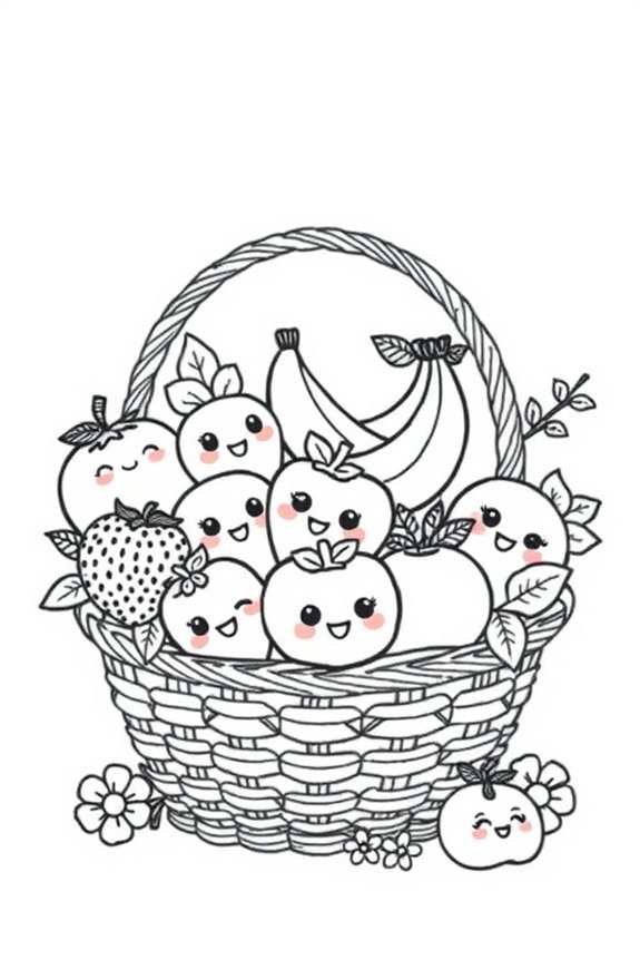 Kawaii Fruit Basket Coloring Sheet
