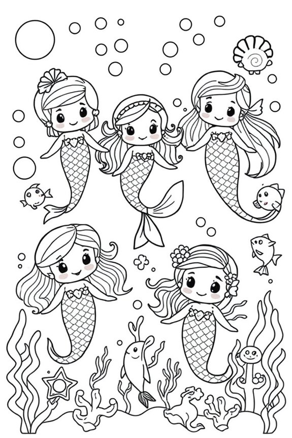 Kawaii Mermaids Coloring Sheet