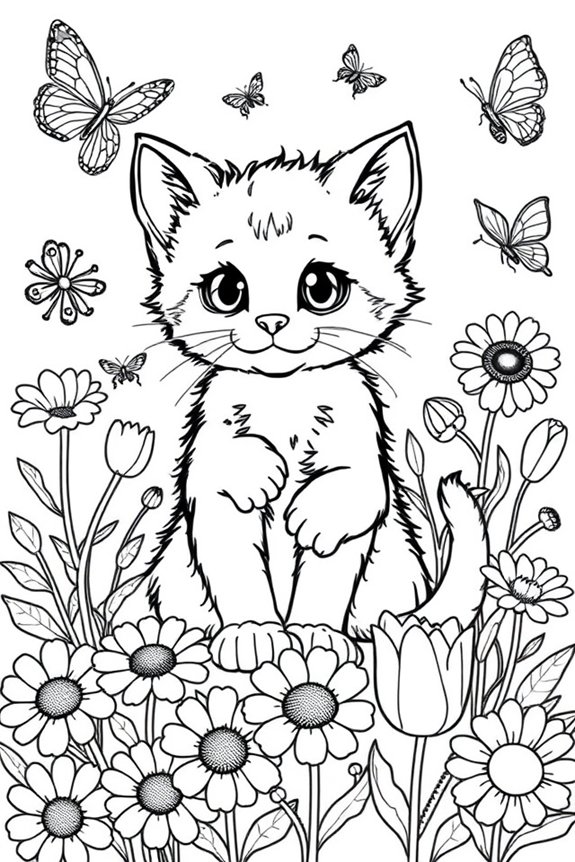 Kitten in Flower Garden Coloring Sheet
