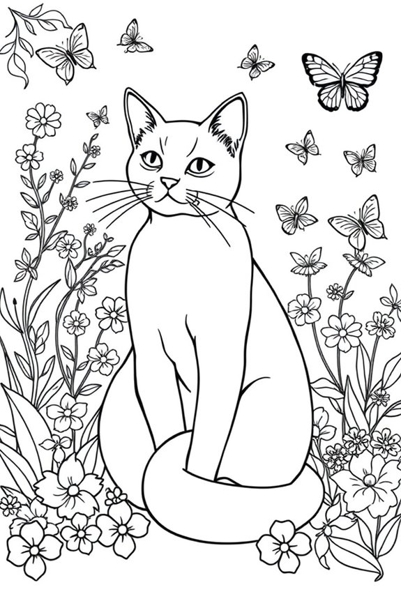 Sitting Cat in a Garden Coloring Sheet