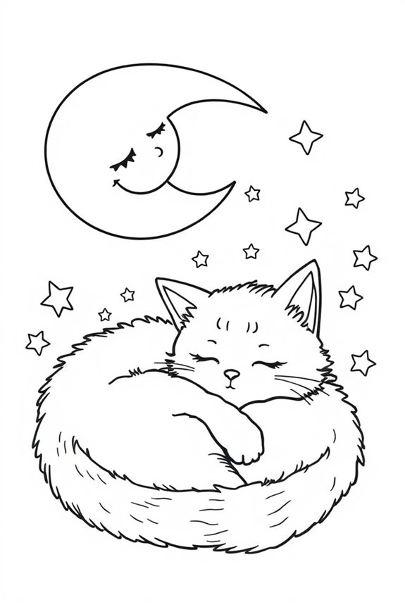 Sleepy Cat Under the Moon Coloring Sheet