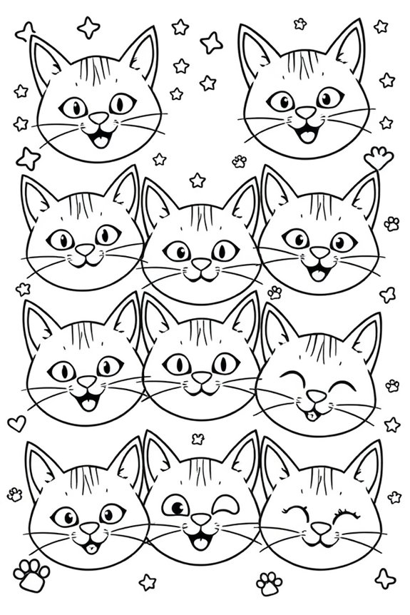 Whimsical Cat Faces Coloring Sheet