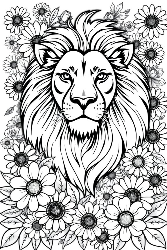 Lion with Flowers Coloring Sheet