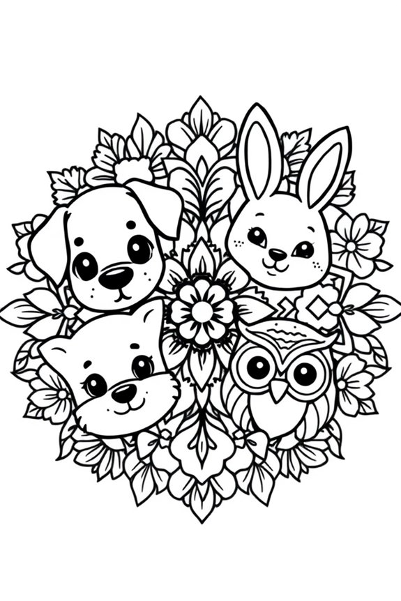 Cute Animal Faces Mandala Coloring Sheet