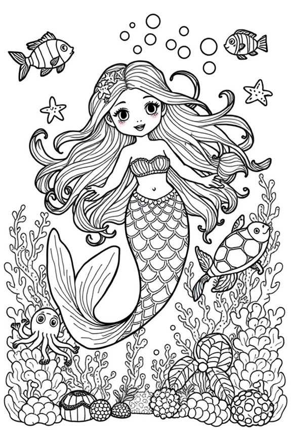 Mermaid Underwater Scene Coloring Sheet