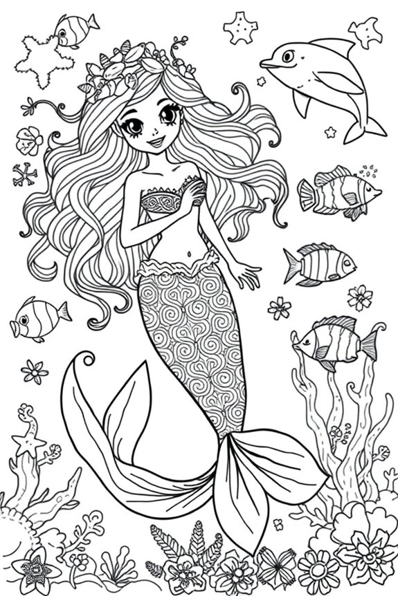 Mermaid with Sea Creatures Coloring Sheet