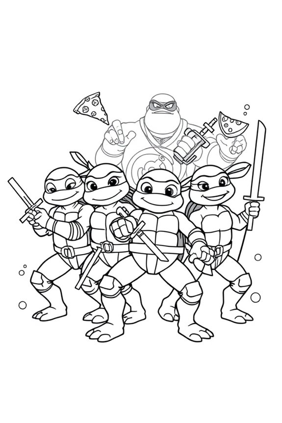 Cartoon Ninja Turtle Friends Coloring Sheet