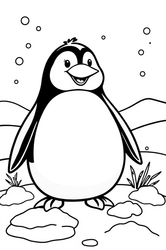 Penguin in a Snowy Landscape Coloring Sheet