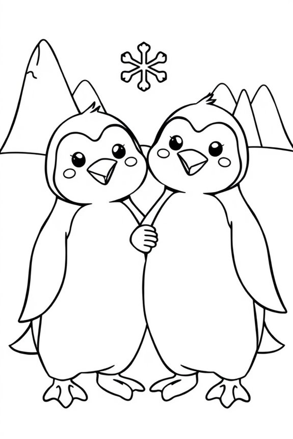 Penguin Friends Holding Hands Coloring Sheet