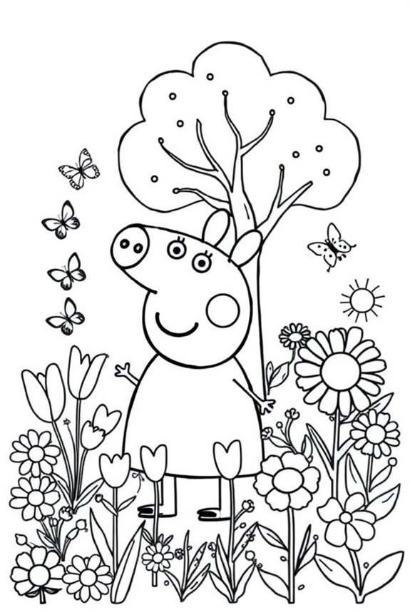 Peppa Pig's Garden with Flowers Coloring Sheet