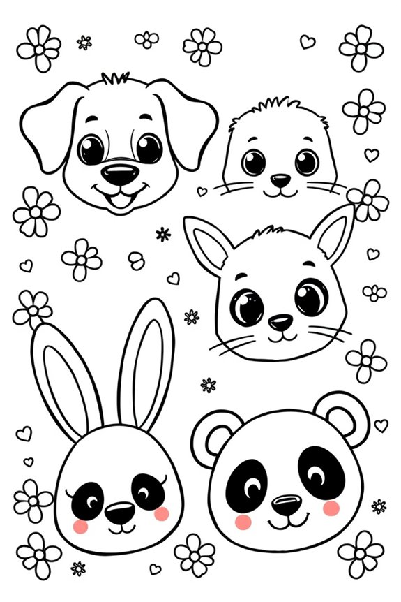 Adorable Animal Faces Coloring Sheet