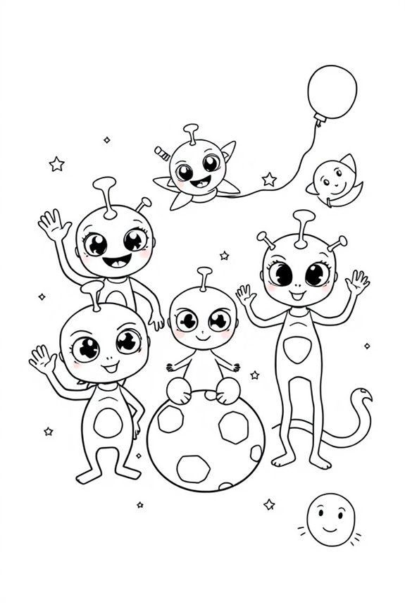 Friendly Space Aliens Coloring Sheet