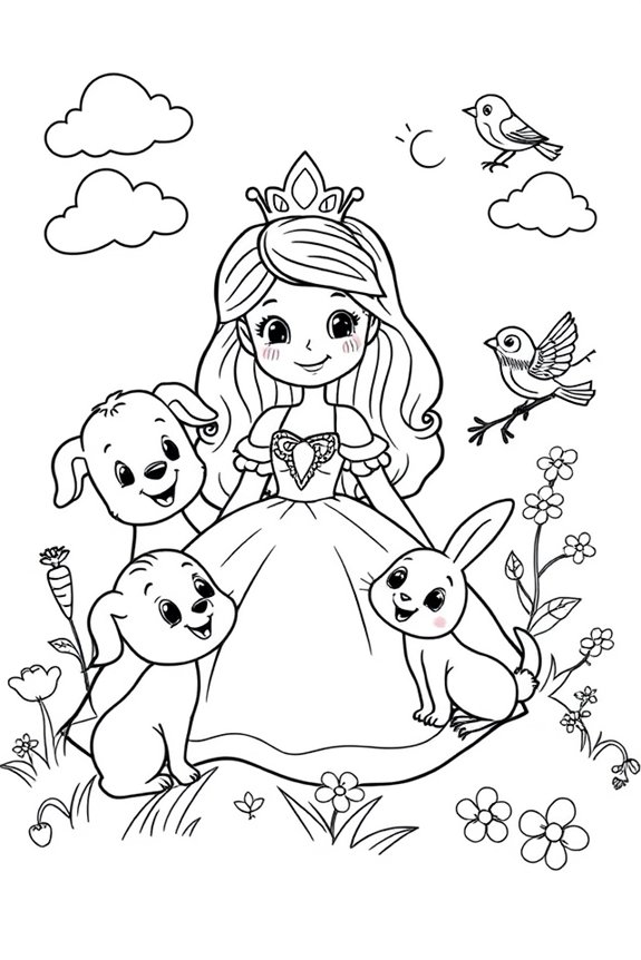 Cute Animal Friends with Princess coloring sheet