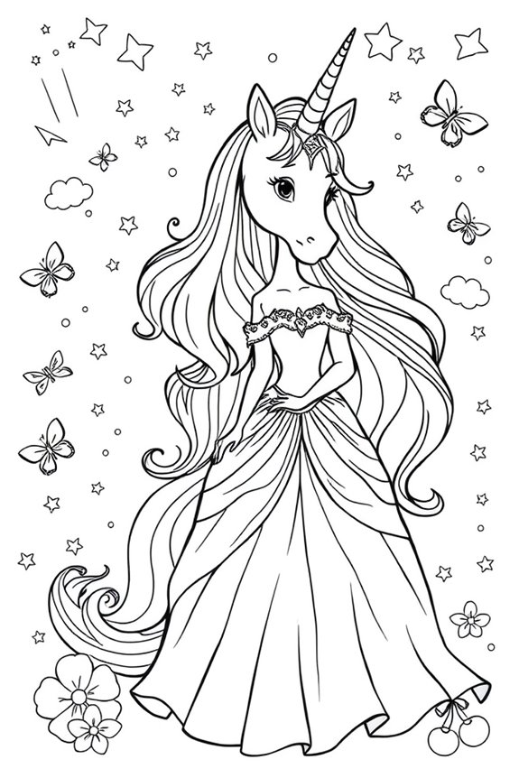 Whimsical Princess with Unicorn coloring sheet