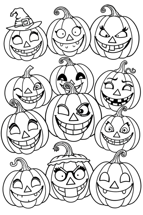 Whimsical Pumpkin Faces Coloring Sheet