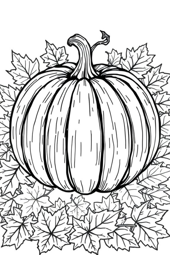 Pumpkin and Autumn Leaves Coloring Sheet