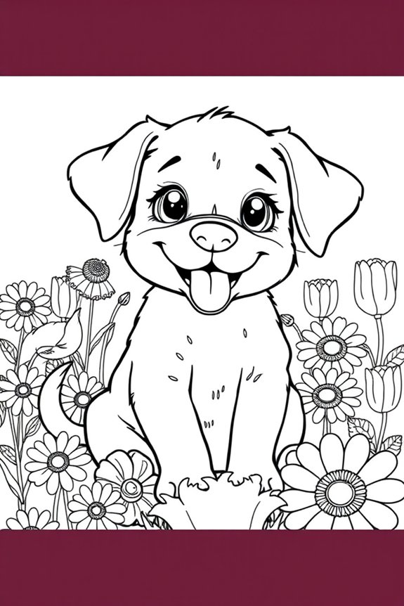 Puppy in a Flower Field Coloring Sheet
