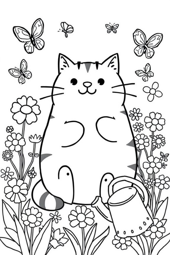 Pusheen Playing in the Garden Coloring Sheet